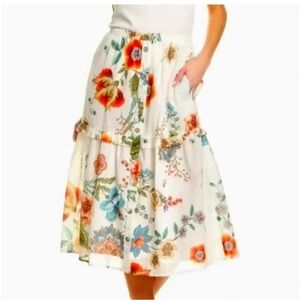 Johnny Was Small Ekru Ardell Tiered Ruffle Womens Skirt Floral Print Cotton
